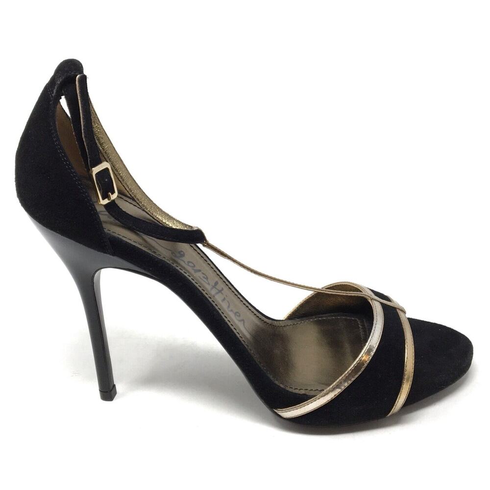 Lanvin Paris Women's Size 10/41 Black Suede Metallic Gold Leather T-Strap Heels - Picture 5 of 7